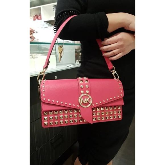 Michael Kors Greenwich Medium Studded Saffiano Leather Shoulder Bag - Rubin Red